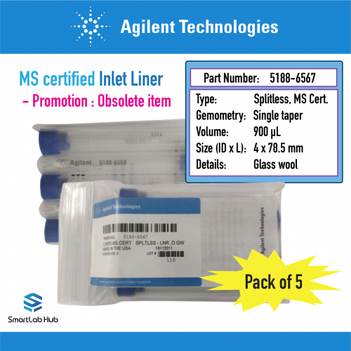 Agilent Splitless, single taper, MS certified liner with glass wool, 5/pk Agilent Splitless, single taper, MS certified liner with glass wool, 5/pk
