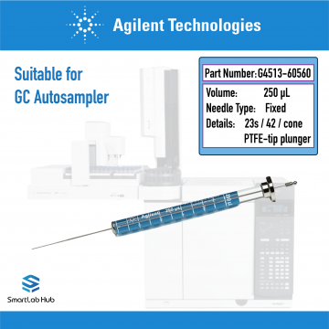 Agilent ALS syringe, Blue Line, 250µL, fixed needle, 23s/42/cone, PTFE-tip plunger