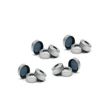 Agilent Cap, crimp, headspace, with septa, 20 mm, silver aluminum cap with safety feature, molded PTFE/butyl septa, 100/pk. Cap size: 20 mm