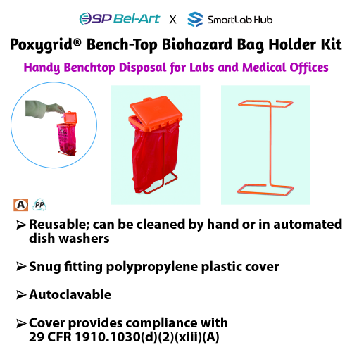 Bel-Art Poxygrid Bench-Top Biohazard Bag Holder Kit; Includes 100 Polyethylene 8¹/₂ x 11 in. Bags