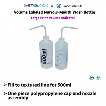 Bel-Art Volume Labeled Narrow-Mouth 500ml (16oz) Polyethylene Wash Bottles; Polypropylene Cap, 28mm Closure (Pack of 12)