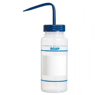 Bel-Art Safety-Labeled 2-Color Soap (No Diamond) Wide-Mouth Wash Bottles; 500ml (16oz), Polyethylene w/Blue Polypropylene Cap (Pack of 6)