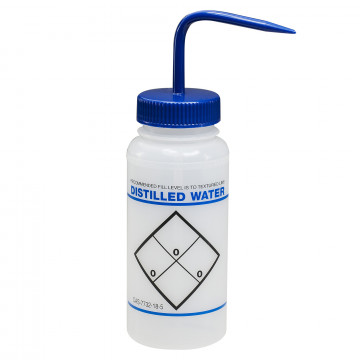 Bel-Art Safety-Labeled 2-Color Distilled Water Wide-Mouth Wash Bottles; 500ml (16oz), Polyethylene w/Blue Polypropylene Cap (Pack of 6)