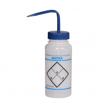 Bel-Art Safety-Labeled 2-Color Water Wide-Mouth Wash Bottles; 500ml (16oz), Polyethylene w/Blue Polypropylene Cap (Pack of 6)