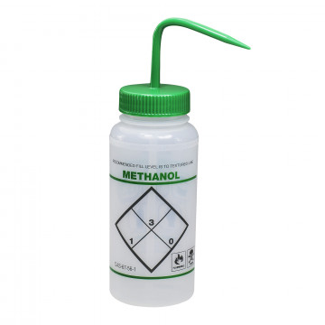 Bel-Art Safety-Labeled 2-Color Methanol Wide-Mouth Wash Bottles; 500ml (16oz), Polyethylene w/Green Polypropylene Cap (Pack of 6)