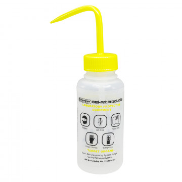 Bel-Art Safety-Labeled 2-Color Isopropanol Wide-Mouth Wash Bottles; 500ml (16oz), Polyethylene w/Yellow Polypropylene Cap (Pack of 6)
