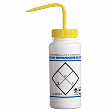 Bel-Art Safety-Labeled 2-Color Sodium Hypochlorite (Bleach) Wide-Mouth Wash Bottles; 500ml (16oz), Polyethylene w/Yellow Polypropylene Cap (Pack of 6)