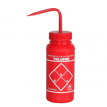 Bel-Art Safety-Labeled 2-Color Toluene Wide-Mouth Wash Bottles; 500ml (16oz), Polyethylene w/Red Polypropylene Cap (Pack of 6)