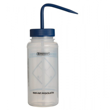 Bel-Art Safety-Labeled 2-Color Deionized Water Wide-Mouth Wash Bottles; 500ml (16oz), Polyethylene w/Blue Polypropylene Cap (Pack of 6)