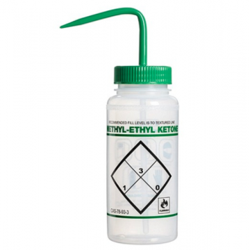 Bel-Art Safety-Labeled 2-Color Methyl Ethyl Ketone Wide-Mouth Wash Bottles; 1000ml (32oz), Polyethylene w/Green Polypropylene Cap (Pack of 6)