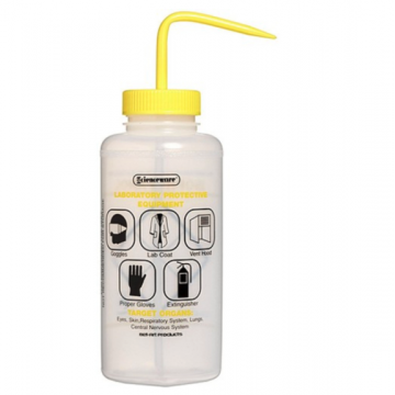 Bel-Art Safety-Labeled 2-Color Isopropanol Wide-Mouth Wash Bottles; 1000ml (32oz), Polyethylene w/Yellow Polypropylene Cap (Pack of 6)