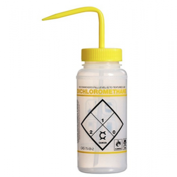 Bel-Art Safety-Labeled 2-Color Dichloromethane Wide-Mouth Wash Bottles; 500ml (16oz), Polyethylene w/Yellow Polypropylene Cap (Pack of 6)