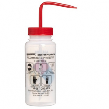 Bel-Art Safety-Labeled 4-Color Acetone Wide-Mouth Wash Bottles; 500ml (16oz), Polyethylene w/Red Polypropylene Cap (Pack of 4)