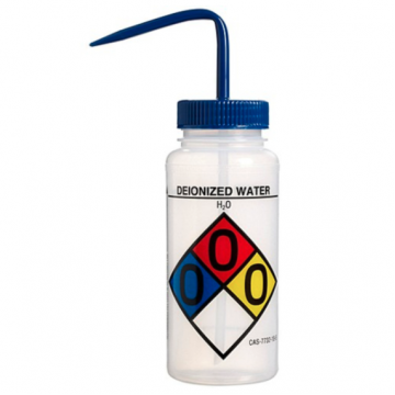 Bel-Art Safety-Labeled 4-Color Deionized Water Wide-Mouth Wash Bottles; 500ml (16oz), Polyethylene w/Blue Polypropylene Cap (Pack of 4)