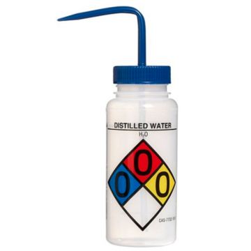 Bel-Art Safety-Labeled 4-Color Distilled Water Wide-Mouth Wash Bottles; 500ml (16oz), Polyethylene w/Blue Polypropylene Cap (Pack of 4)