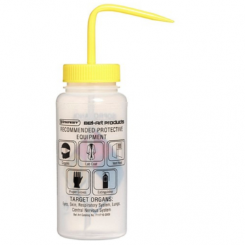 Bel-Art Safety-Labeled 4-Color Isopropanol Wide-Mouth Wash Bottles; 500ml (16oz), Polyethylene w/Yellow Polypropylene Cap (Pack of 4)