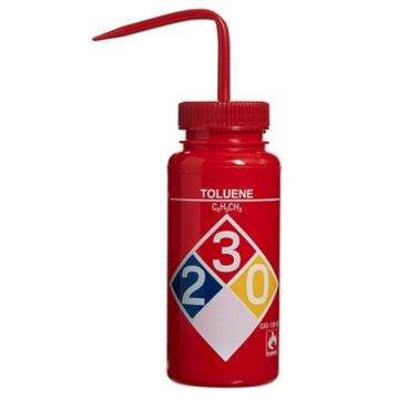 Bel-Art Safety-Labeled 4-Color Toluene Wide-Mouth Wash Bottles; 500ml (16oz), Polyethylene w/Red Polypropylene Cap (Pack of 4)