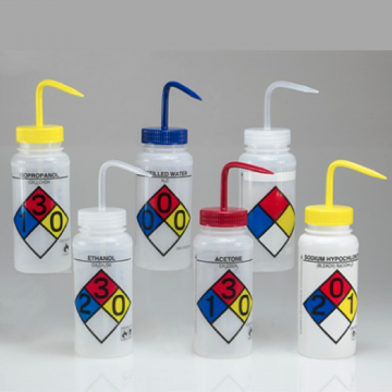 Bel-Art Safety-Labeled Assorted 4-Color Wide-Mouth Wash Bottles; 500ml (16oz), Polyethylene w/Polypropylene Cap, (Pack of 6)