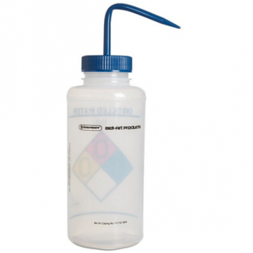Bel-Art Safety-Labeled 4-Color Distilled Water Wide-Mouth Wash Bottles; 1000ml (32oz), Polyethylene w/Blue Polypropylene Cap (Pack of 4)