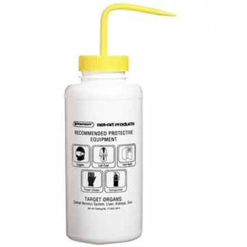 Bel-Art Safety-Labeled 4-Color Sodium Hypochlorite (Bleach) Wide-Mouth Wash Bottles; 1000ml (32oz), Polyethylene w/Yellow Polypropylene Cap (Pack of 4)
