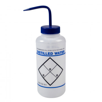 Bel-Art Safety-Labeled 2-Color Distilled Water Wide-Mouth Wash Bottles; 1000ml (32oz), Polyethylene w/Blue Polypropylene Cap (Pack of 6)