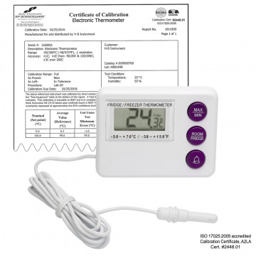 Bel-Art, H-B DURAC Calibrated Dual Zone Electronic Thermometer with Waterproof Sensor; -50/70C (-58/158F) External, -10/50C (14/122F) Internal