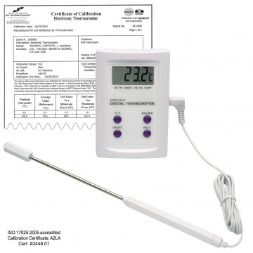 Bel-Art, H-B DURAC Calibrated Electronic Thermometer with Stainless Steel Probe; -50/200C (-58/392F), 63 x 97mm
