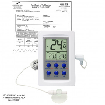 Bel-Art, H-B DURAC Calibrated Dual Zone Electronic Thermometer with Waterproof Sensor; -50/70C (-58/158F) External, 0/50C (32/122F) Internal